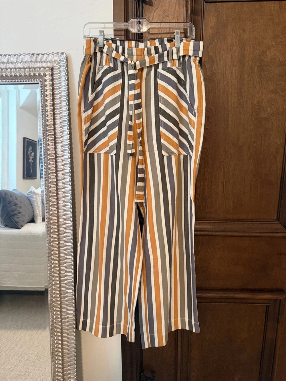 Striped High-Waist Pants in Mustard, Gray & White
